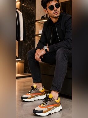 Dior B22 Men’s Chunky Sneakers Yellow Orange Brown Mesh Calfskin Made in Italy